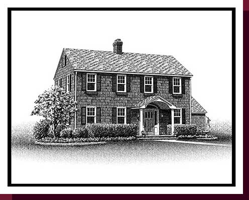 Home Portraits: Pen and Ink House Portraits, Renderings & Illustrations - Babylon Cedar Shingle Colonial Pen & Ink House Portrait