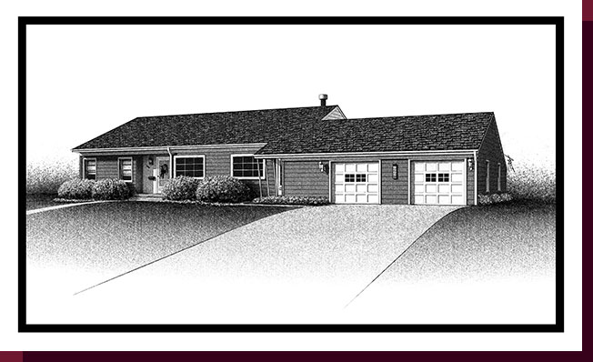 Home Portraits: Pen and Ink House Portraits, Renderings & Illustrations - Suburban Ranch 02 Pen & Ink House Portrait