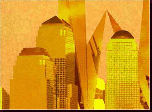 Cityscape Paintings - NYC Cityscape Paintings, NYC Skyline Paintings - New World Trade Center - Twin Freedom Tower Paintings - Lower Manhattan & Twin Freedom Towers Painting at Sunset - Sentinels of Liberty Close-Up View - Click on Image to Return to Full View