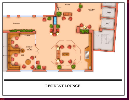 Architectural Rendering & 3D Computer Modeling - Colored Floor Plans - Proposed Rehabilitation Suite: Lounge Area Close-Up View - Click on Image to View Detail
